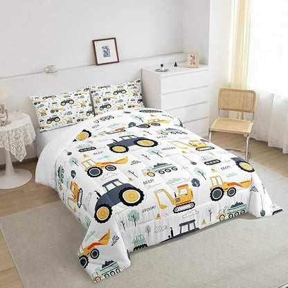 Cartoon Cars Kids Comforter Set Tractor Boys Comforter Cute Excavator Decor Kawaii Soft Bedding Set Cartoon Trees Cars Colorful All Season Quilt Room 3Pcs Full Size Boys