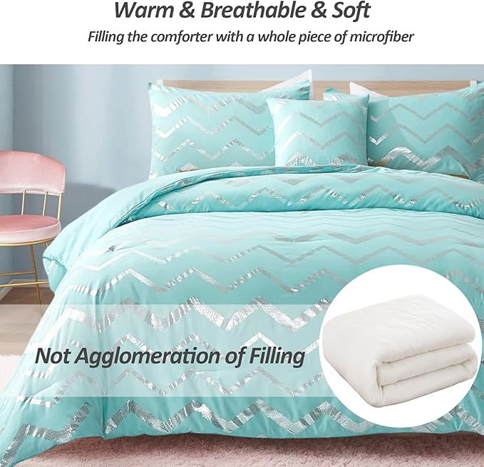 Aqua Comforter Set Twin Size, Metallic Teal and Silver Bedding Set, 3 Piece Lightweight Microfiber Comforter for Teen Girls Boys Women (1 Pillow Case + 1 Decorative Pillow Sham)