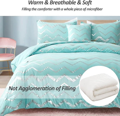 Aqua Comforter Set Queen Size Metallic Teal and Silver Bedding Set, 4 Piece Lightweight Microfiber Bed Set for Teen Girls Women (2 Pillow Shams + 1 Decorative Pillow Sham)