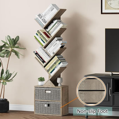 Vagusicc 6 Tier Tree Bookshelf, Modern Floor Standing Bookcase with Storage Drawer, Space Saving Storage Organizer Book Shelves for Books, Tall Wood Storage Rack for Bedroom/Living Room/Home Office