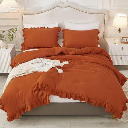 Andency California King Comforter Set Burnt Orange (104x96Inch), 3 Pieces Cal King Ruffle Comforter, Oversized Farmhouse Shabby Chic Bed Comforter, Lighteweight and Soft Microfiber Bedding Set