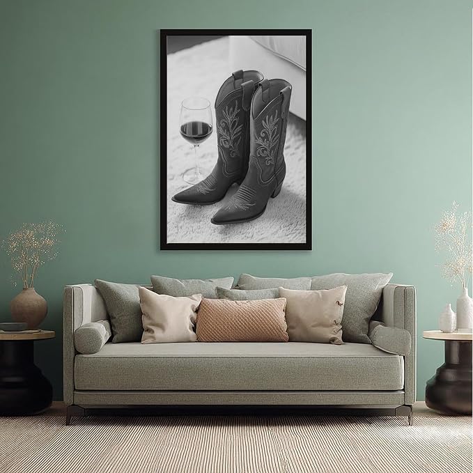 Cowboy Boots And Red Wine, Western Aesthetic, Black And White, Modern Fashion Poster Canvas Poster Wall Art Decor Print Picture Paintings for Living Room Bedroom Decoration Black Frame 12x18in(30x45cm