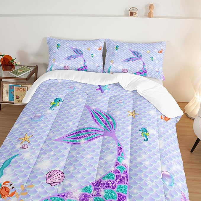 HOSIMA Mermaid Tail Comforter Set 3Pcs with 2 Pillowcases,Purple Fish Scales Bedding Set for Girls Kids Women,Cartoon Ocean Life Sea Animal King Size Comforter Set Mermaid Room Decor