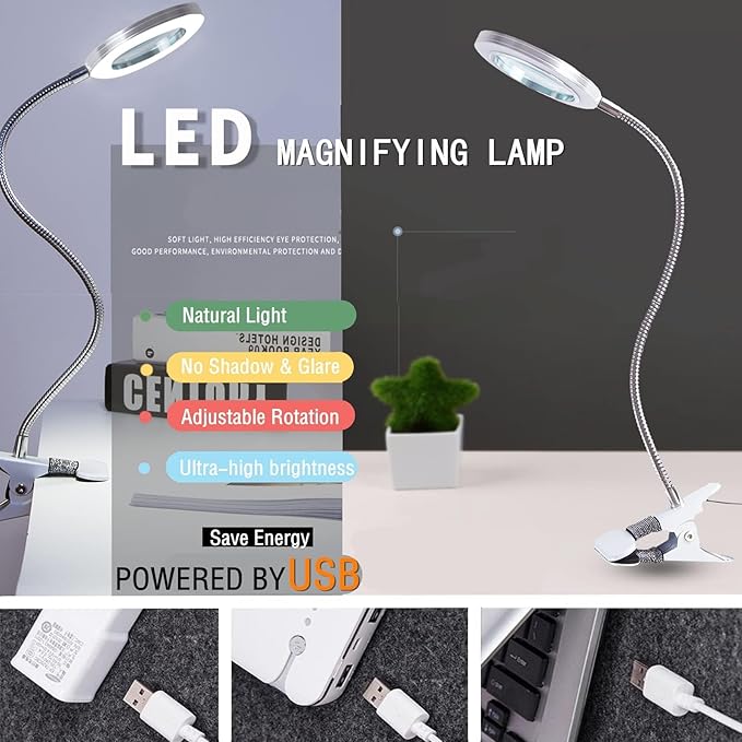 Magnifying Glass with Light and Stand, Desk Lamp LED light with USB Powered,Adjustable Flexible Gooseneck,clip on desktop & bed for Reading, Crafts;studio for Daily Hobbies Repairing.