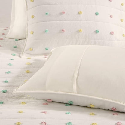 Quilt Set Cotton Jacquard Weave Colorful Poms Accent All Season Shabby Chic Bedding Coverlet Bedspred, Girls Bedroom Décor, Full Queen, Multi 5 Piece