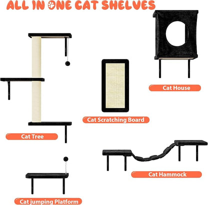 5 Pcs Cat Wall Shelves Set, Wall-Mounted Climber with Cat House, Scratching Post, Bridge, Hammock, Space-Saving Play Furniture, Black