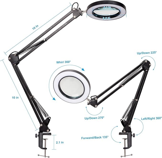 8X Magnifying Glass with Light, 3 Color Modes Stepless Dimmable 8-Diopter Real Glass Lens Magnifier with Light Desk Lamp Clamp Swivel Arm for Crafts Workbench