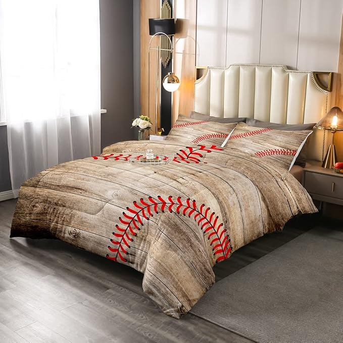 Erosebridal Baseball Bedding Set for Kids Boys Teens Queen,Sports Games Comforter Set Retro Rustic Wooden Board Quilt Duvet Sets American Baseball Country Down Comforter with 2 Pillow Cases
