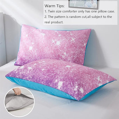 Purple Glitter Comforter Set Full/Queen Size for Girls, Sparkle Galaxy Twinkle for Kids Teen,3 Piece Blue Purple Pink Ombre Pastel Bedding Set 2 Pillow Cases(Purple,Queen),(3-Piece)