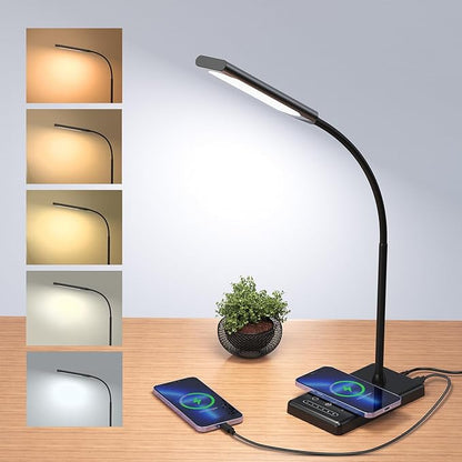LED Desk Lamp, Touch Adjustable Table Lamp with 10W Wireless Charging 5 Modes and 6 Brightness Levels Eye Protection Reading Light 48 LED Memory Function Home Office Desk Light Black