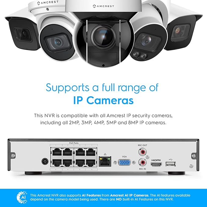 Amcrest NV4108E-A2 4K 8CH POE NVR (1080p/3MP/4MP/5MP/8MP) POE Network Video Recorder - Supports up to 8 x 8MP/4K IP Cameras, 8-Channel Power Over Ethernet Supports up to 10TB HDD (Not Included)