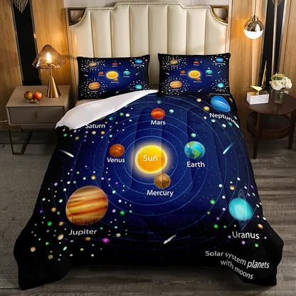 Erosebridal Kids Outer Space Comforter Set, Boys Starry Sky Galaxy Duvet Sets Queen Size Planet Space Down Comforter for Girls Teens Adult Bedroom Decor, Solar System Cosmos Bedding Set, Blue Purple