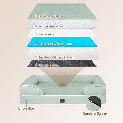 EHEYCIGA Orthopedic Dog Beds for Extra Large Dogs, Waterproof Memory Foam XXL Dog Bed with Sides, Non-Slip Bottom and Egg-Crate Foam Big Dog Couch Bed with Washable Removable Cover, Sage Green