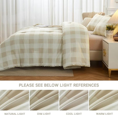 Andency Beige Grid Comforter Set Queen Size (90x90 Inch), 3 Pieces(1 Grid Comforter and 2 Pillowcases), Summer Lightweight Microfiber Down Alternative Beige Comforter