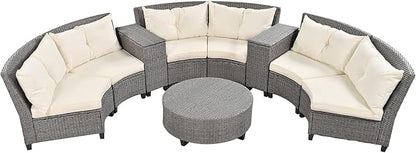 9 Pieces Outdoor Furniture Half Moon Wicker Patio Sets with Coffee Table, All-Weather Fan-Shaped Curved Sectional Sofa Couch with Beige Cushions, Onesize, Gray Rattan
