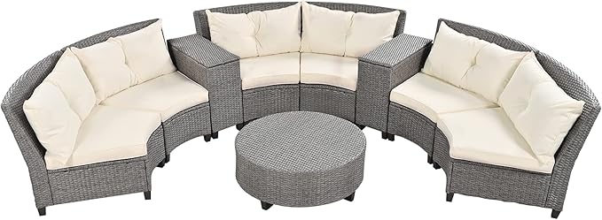 Merax Patio Furniture Sets for 6, Fan-Shaped All Weather Outdoor HDPE Rattan Sofa with Cushions and Table, Suitable for Garden, 9-Piece, Beige