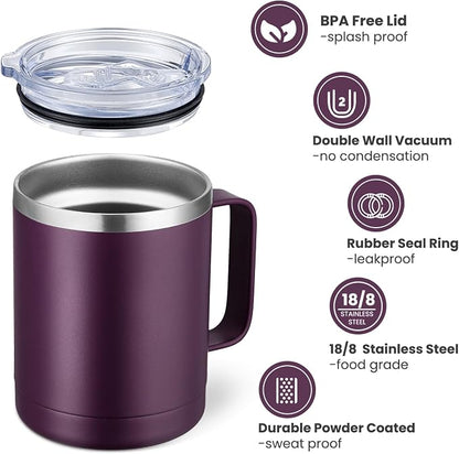 MEWAY 12oz Coffee Mug With Handle and Sliding Lid,Stainless Steel Travel Tumbler Cup with Handle,Double Wall Vacuum Insulated Camping Cup for Hot & Cold Drinks Tea (Plum,Set of 1)