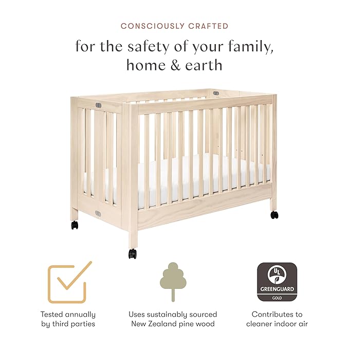 Babyletto Maki Full-Size 2-in-1 Portable Folding Crib with Toddler Bed Conversion Kit in Washed Natural, Greenguard Gold Certified