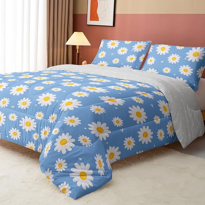 Datura home Flower Comforter Set Blue Daisy Floral Printed Pattern Quilt Bedding with 1 and 2 Pillowcases for Girls Women Bedroom All Season(Blue Queen) Queen 90x90inches