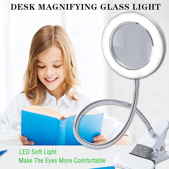 Magnifying Glass with Light and Stand, Desk Lamp LED light with USB Powered,Adjustable Flexible Gooseneck,clip on desktop & bed for Reading, Crafts;studio for Daily Hobbies Repairing.