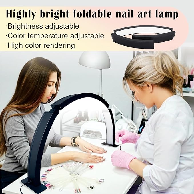 Half Moon Nail Desk Lamp 29.5In, Foldable Half Moon Nail Desk Light with Phone Stand, 48w LED Manicure Lamp, 3 Brightness Settings, Arch Light for Nail Techs, for Nails, Beauty, Crafts, Tattoo (White)