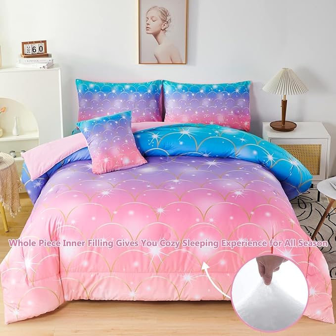 PERFEMET Mermaid Print Full Size Comforter Set for Girls, 6 Piece Colorful Tie Dye Teen Girl Bedding Set, Pink Purple Ombre Cute Bed in A Bag Comforter Set with Sheets