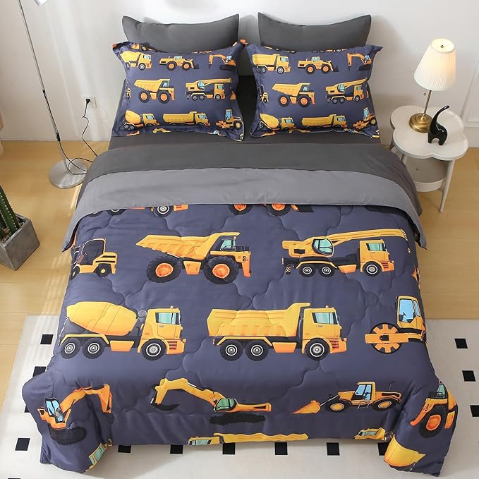 Wajade 7 Piece Construction Truck Kids Comforter Set for Boys Full Size 3D Vehicles Excavator Cars Bedding Set for Kids Teens(1 Comforter, 1 Flat Sheet, 1 Fitted Sheet, 2 Pillowcase and 2 Pillow Sham)