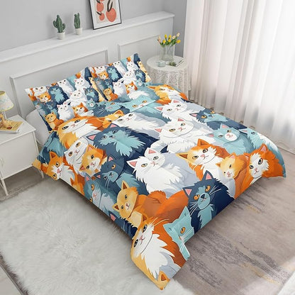 Datura home Kids Comforter Set Cute Cats Printed Pattern Bedding Set with 1 Comforter and 2 Pillowcases for Girls Boys Bedroom All Season(Cat Twin)