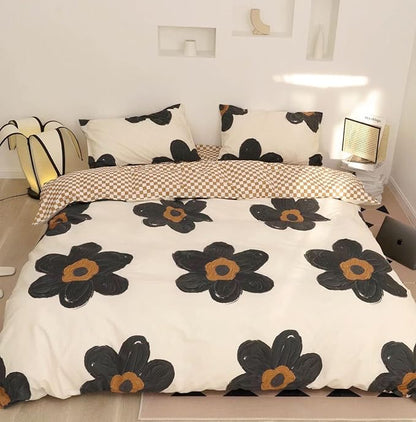 Black and White Comforter Set Black Floral Bedding Twin Comforter Set Hand-Drawn Flowers Cotton Women Modern Elegant Chic Quilts Blankets Lightweight Black Flower Reversible Bed Comforter Set