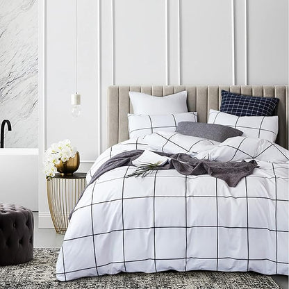 White Grid Comforter Set Big Grid Bedding Set Twin Cotton White with Black Plaid Printed Stripes Women Checkered Comforters Bedding Set White Grid Bed Blanket Set White Plaid Comforter