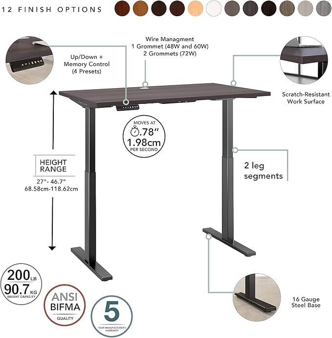 Bush Business Furniture Move 60 Electric Ergonomic Sit-Stand Computer Table for Home and Professional Office, 48W x 24D, Storm Gray