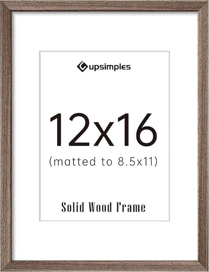 upsimples 12x16 Picture Frame, Natural Solid Wood Picture Frames, Display 8.5x11 with Mat or 12 x 16 Without, Vertical & Horizontal Wall Hanging, 1 Pack, Brown
