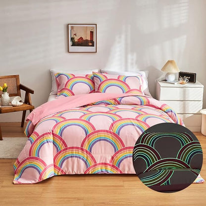 Feelyou Rainbow Glow in The Dark Comforter Set for Girls Kids Twin Pink Rainbow Bedding Set Super Soft Colorful Stripe Mermaid Scales Comforter Baby Girl Bedroom Pink Decor Bedding Quilted Duvet