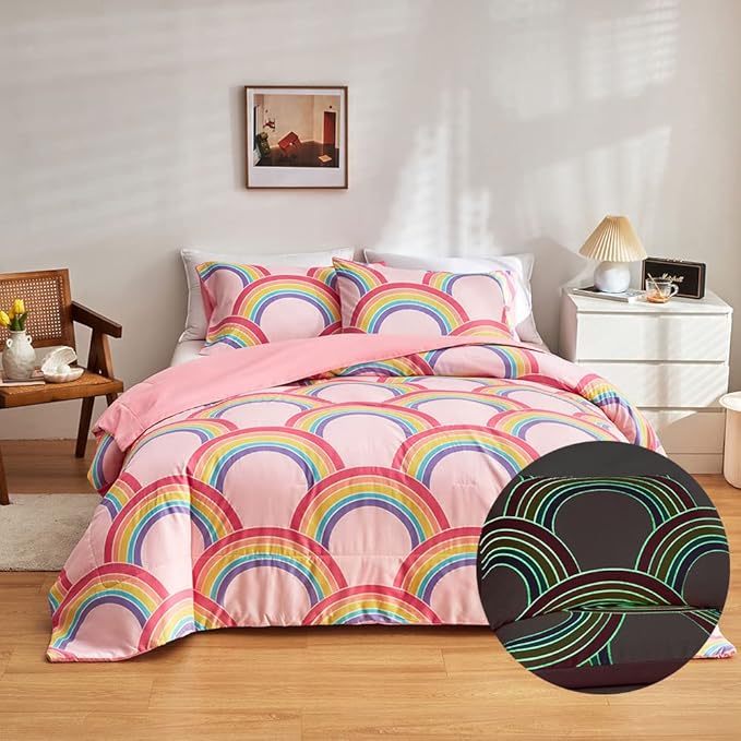 Feelyou Rainbow Glow in The Dark Comforter Set for Girls Kids Queen Pink Rainbow Bedding Set Super Soft Colorful Stripe Mermaid Scales Comforter Baby Girl Bedroom Pink Decor Bedding Quilted Duvet