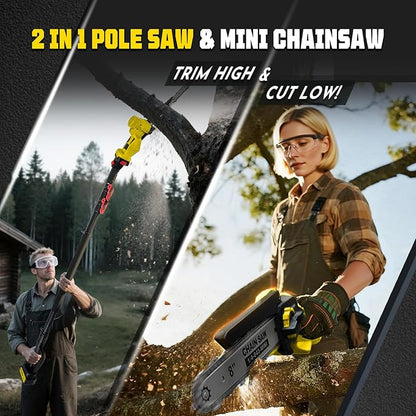 Brushless 2-IN-1 Cordless Pole Saw & Mini Chainsaw, 2× 21V 4.0Ah Batteries Powered 8 Inch Chain, 16-Foot Max Reach & Multi-Angle Electric Pole Saw for Tree Trimming,Tree Trimmer for Branch Cutting.