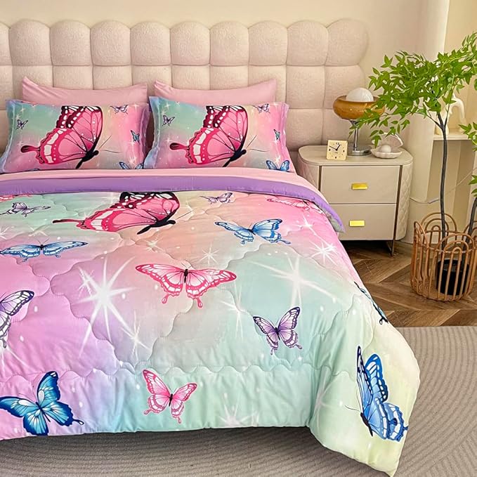 Girls Butterfly Comforter Set Bed in A Bag Full Size 7 Piece 3D Purple Bedding Comforter Bed Set with Pillow Shams, Flat Sheet, Fitted Sheet, Pillowcases All Season