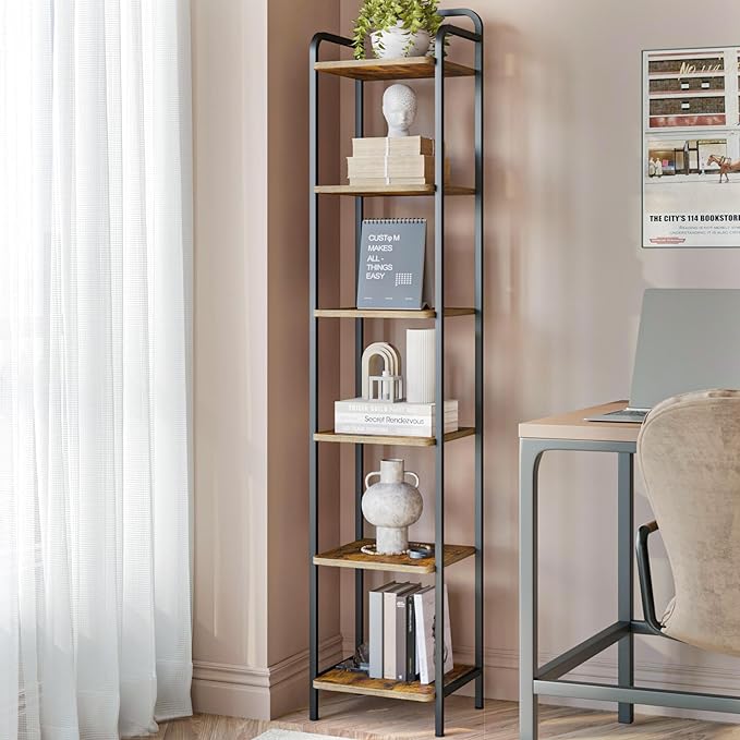 Bookcase Bookshelf, Narrow Book Shelf, Industrial Coner Shelf Storage Organizer, Slim Shelving Unit for Home Office, Living Room, Bedroom, Kitchen, 6-Tier Rustic Brown BC24601B