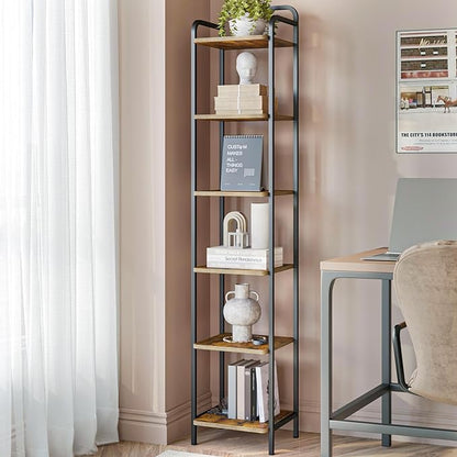 Bookcase Bookshelf, Narrow Book Shelf, Industrial Coner Shelf Storage Organizer, Slim Shelving Unit for Home Office, Living Room, Bedroom, Kitchen, 6-Tier Rustic Brown BC24601B