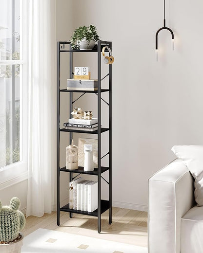 Bookshelf, Book Shelf, Industrial Bookcase with 2 Hooks, Coner Shelf Storage Organizer for Home Office, Living Room, Bedroom, Kitchen, 5-Tier Black BC10504B