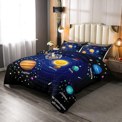 Erosebridal Kids Outer Space Comforter Set, Boys Starry Sky Galaxy Duvet Sets Twin Size Planet Space Down Comforter for Girls Teens Adult Bedroom Decor, Solar System Cosmos Bedding Set, Blue Purple