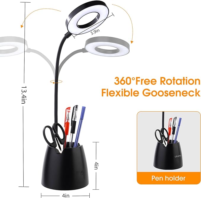 Desk Lamp, Desk Lamps for Home Office, Touchable, Remote Controlled, Dimmable, 3 Color Modes, Gooseneck, Black Table Light for Bedrooms, Led Desk Light, Small Office Lamp, Dorm Room Essentials