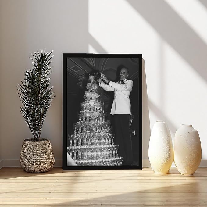 Champagne Tower 1920s, Pouring Over Stacked Glasses Black And White , Alcohol Poster, Bar Cart , Retro Wall Decor Canvas Poster Bedroom Decor Sports Landscape Office Room Decor Gift Black Frame 08x12i