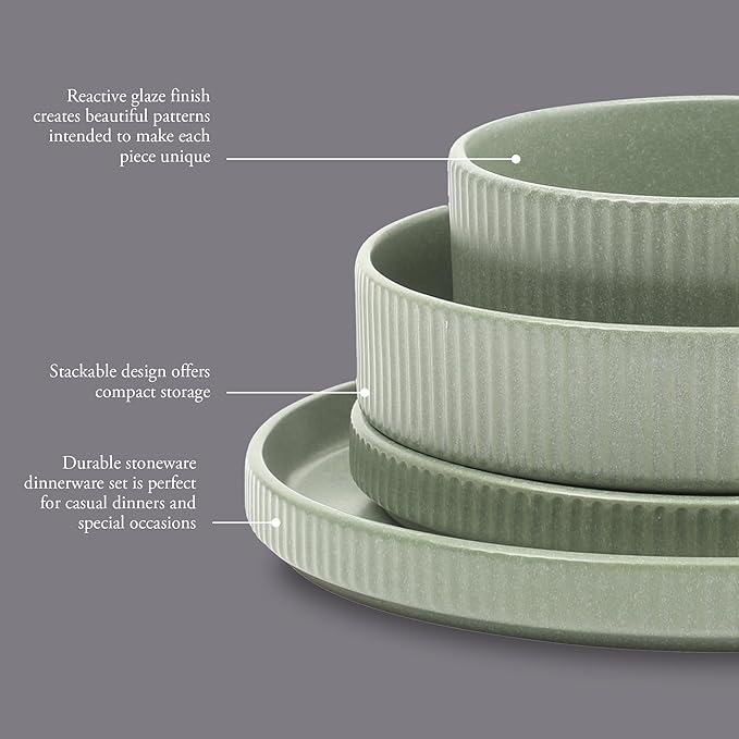 Gibson Elite Deerfield 16-Piece Stoneware Dinnerware Set – Matte Green Stackable Plates and Bowls, Reactive Glaze Finish, Service for 4 – Microwave & Dishwasher Safe