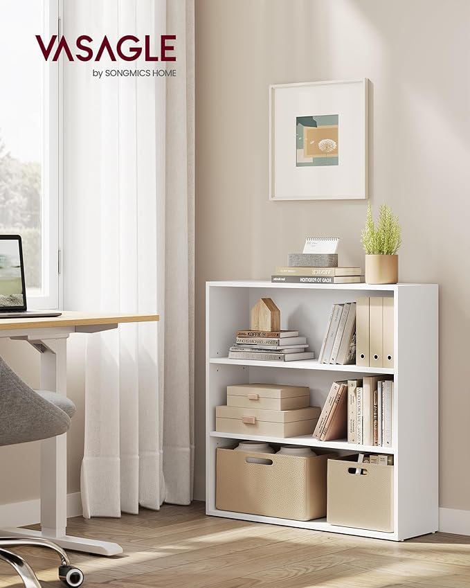VASAGLE Bookshelf, 31.5 Inches Wide, 3-Tier Open Bookcase with Adjustable Storage Shelves, Floor Standing Unit, Cloud White ULBC173T14