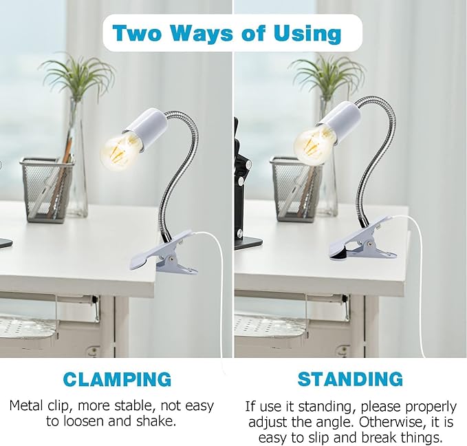 Desk Clip Lamp Holder,Clamp Clip on Light, E26/E27 Book Clamp Light Fixture,Clip Laptop Lamp 360° Flexible Grow Light Holder White 1pc
