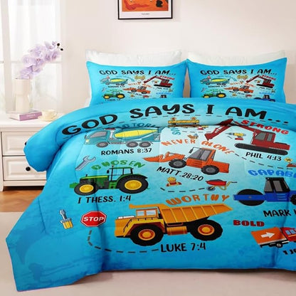 Boys Construction Vehicles Truck Comforter Set Twin,Christian Kids God Says I Am Construction Bedding Set,Car Excavator Tractor Bedroom Set（1 Comforter 2 Pillowcase） Blue
