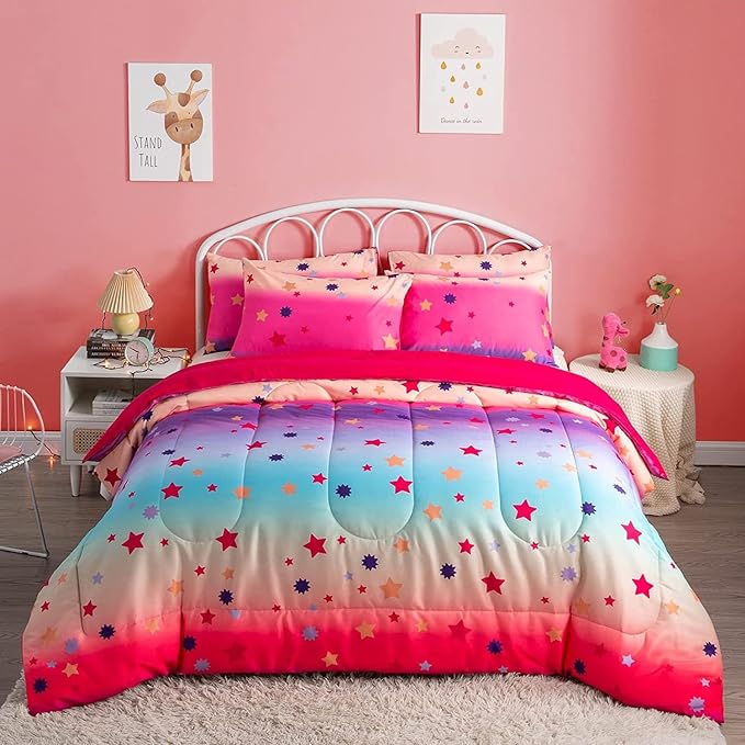 Full Comforter Set for Girls Rainbow Bedding Set 3 Pieces with Multicolor Stars Pink Comforter Set Full Size with Pillowcase for Kids, Teenagers