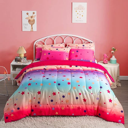 Full Comforter Set for Girls Rainbow Bedding Set 3 Pieces with Multicolor Stars Pink Comforter Set Full Size with Pillowcase for Kids, Teenagers