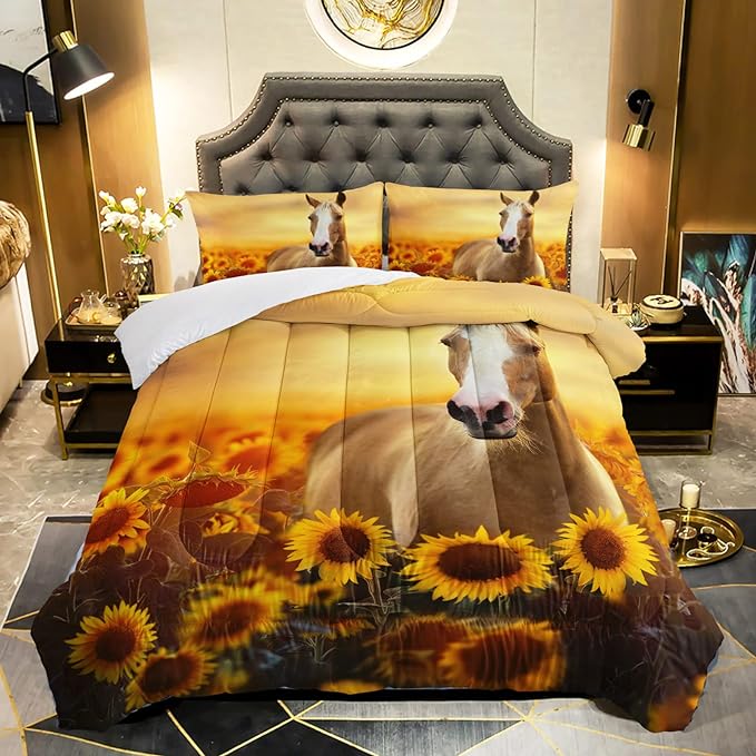 Horse Comforter King Size,Sunflower Horse Comforter Set for Kids Teens Girls Boys,3Pcs Bedding Set Printed Comforter with 2 Pillowcases,Soft and Lightweight，King Size