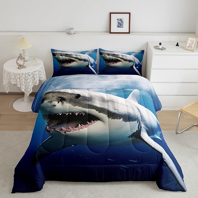 Kids Comforter Set for Boys Girls,3D Shark Fish Down Comforter 3 Piece Hawaiian Beach Theme Bedding Quilted Duvet Set Ocean Sea Animal Pattern Blue Duvet Insert for Toddler Teen Bedroom Decor,Queen